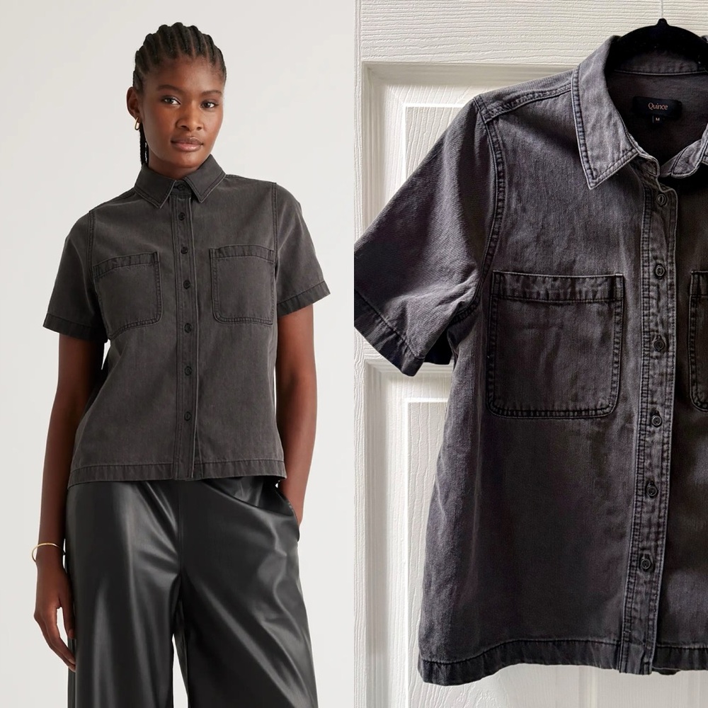 Quince Distressed Denim Short Sleeve Shirt in Washed Black, Capsule, Layer, Sz M
